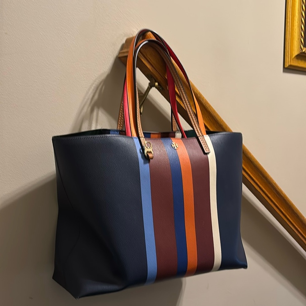 Tory Burch Orange and Blue Shoulder Bag with Striped Design